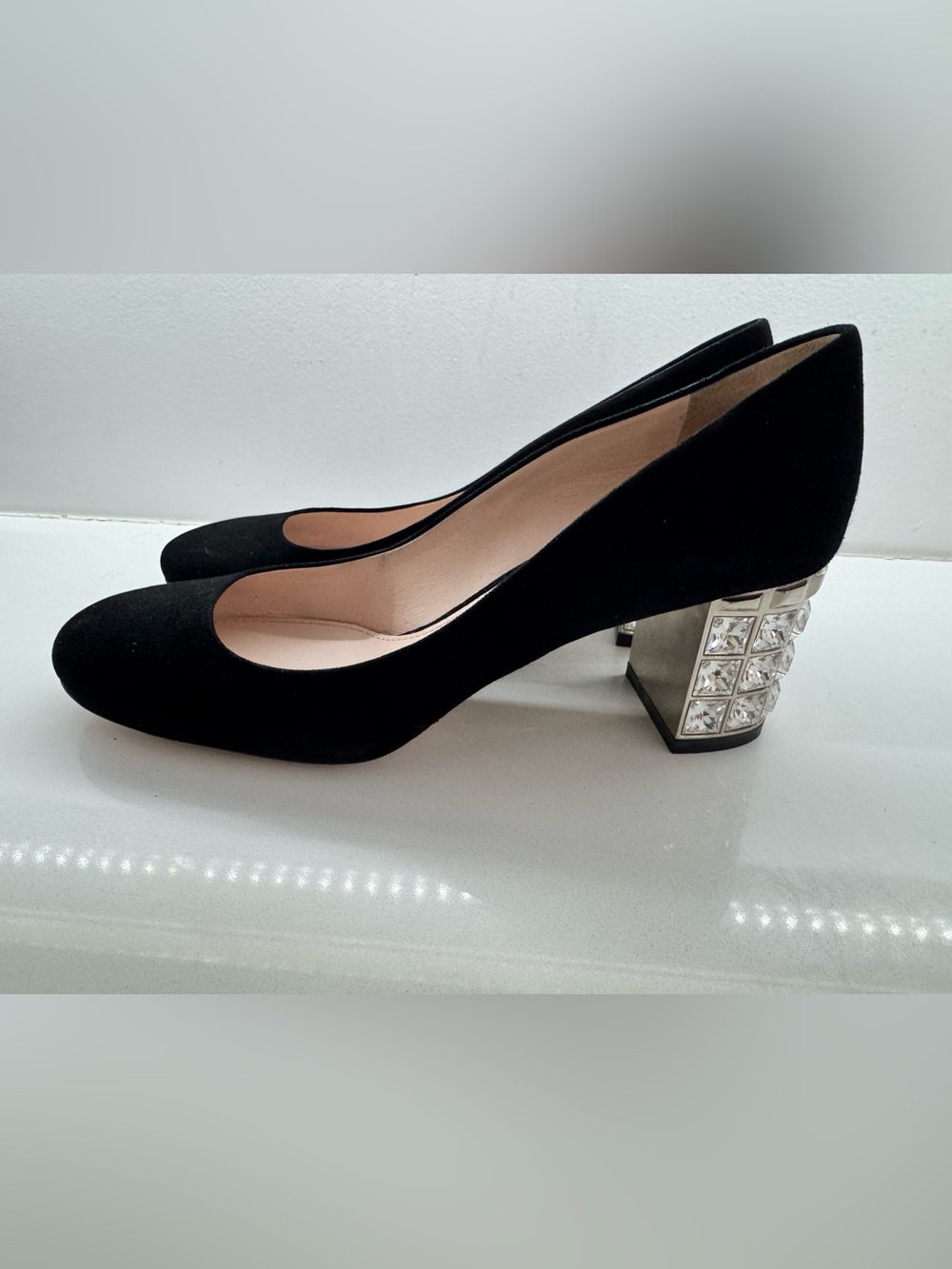 Miu Miu Black Suede Pumps with Crystal-Embellished Block Heel